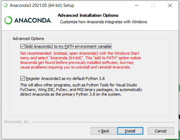 The Advanced Installation Options screen. Check Add Anaconda3 to my PATH environment variable