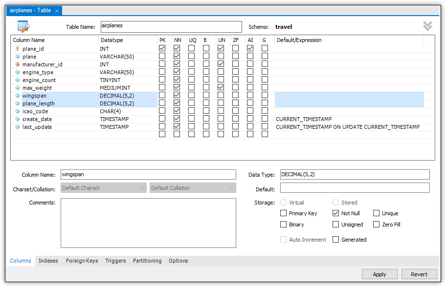 The table properties dialog showing two new columns added, wingspan and plane_length