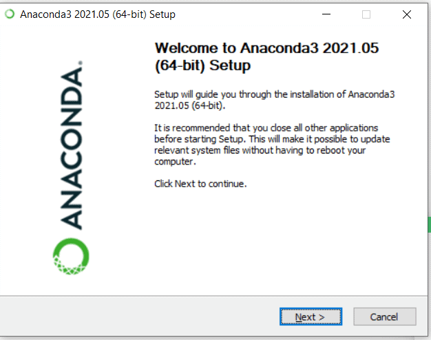 An images showing the welcome screen of the Anaconda set up wizard