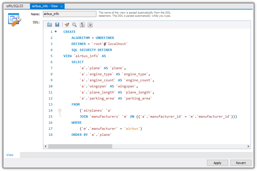 The airbus_info view dialog showing the code for the view