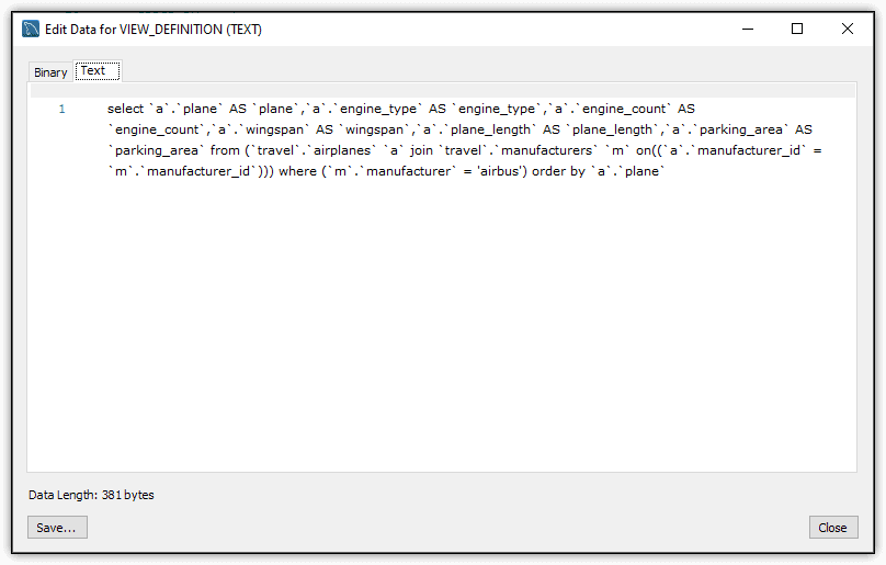 A dialog showing the entire contents of the VIEW_DEFINITION field of the airbus_info view