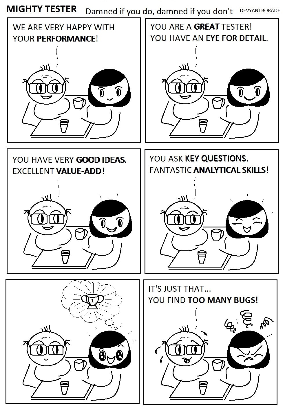 Comic strip: We are very happy with your performance! You are a great tester! You have an eye for detail. You have good ideas, excellent value-add! You ask key questions. Fantastic analytical skills! It's just that...You find too many bugs! 