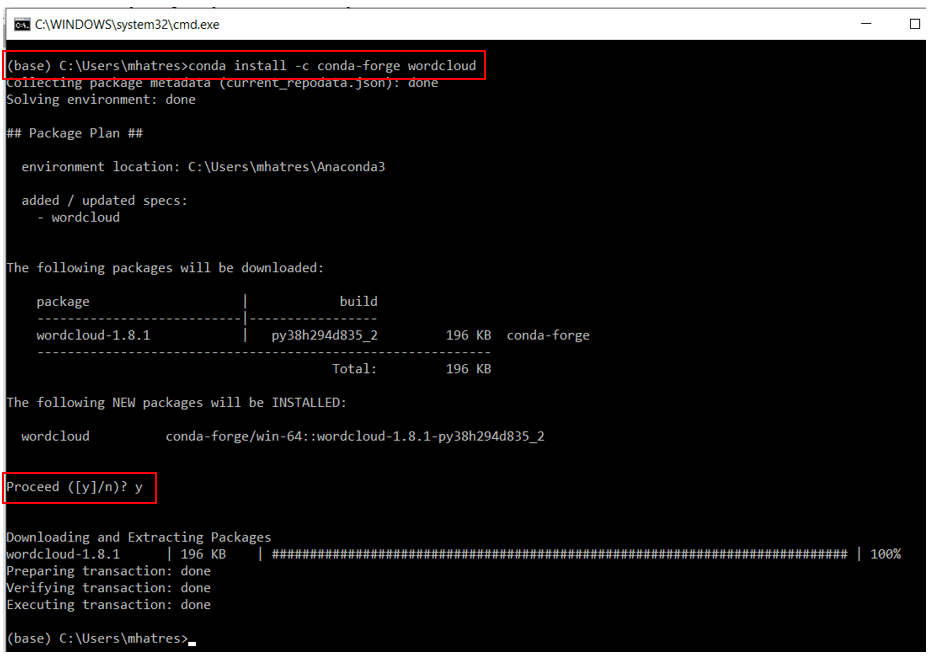 An image showing command line installing wordcloud