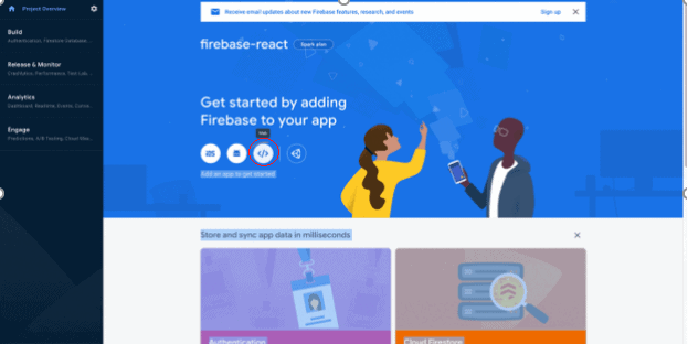 An image showing Get started by adding Firebase to your app. Select Web