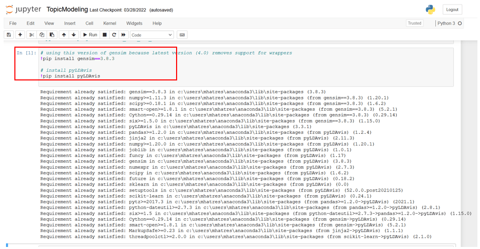 An image showing how to install gensim and pyLDavis from a notebook