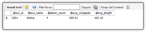 Image showing the results of the stored procedure called with Airbus