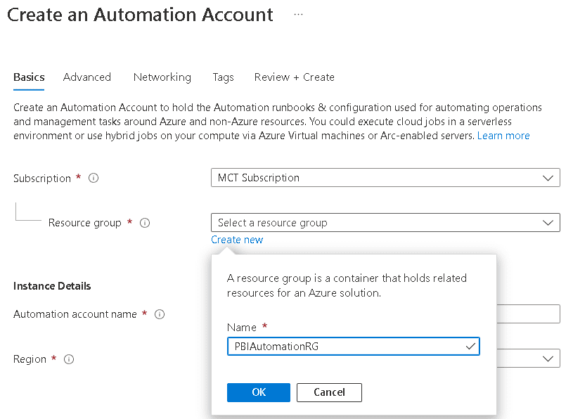 An image showing the properties when creating an automation account