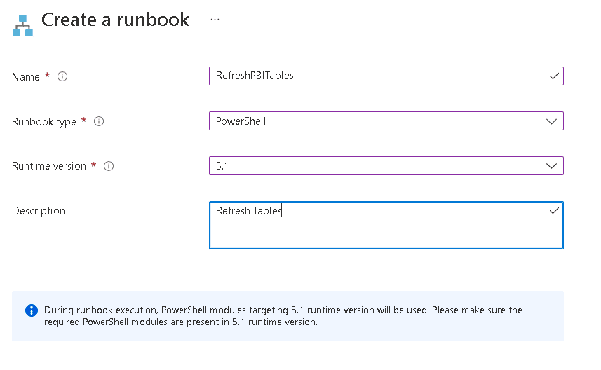 An image showing the Create a runbook pages with properties filled in