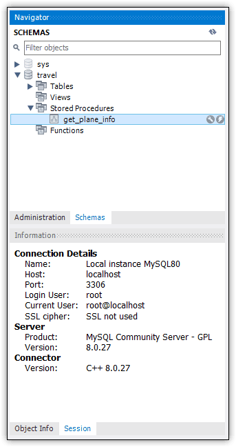 Image showing the Navigator. Under Travel, Stored Procedures, the new proc get_plane_info is selected