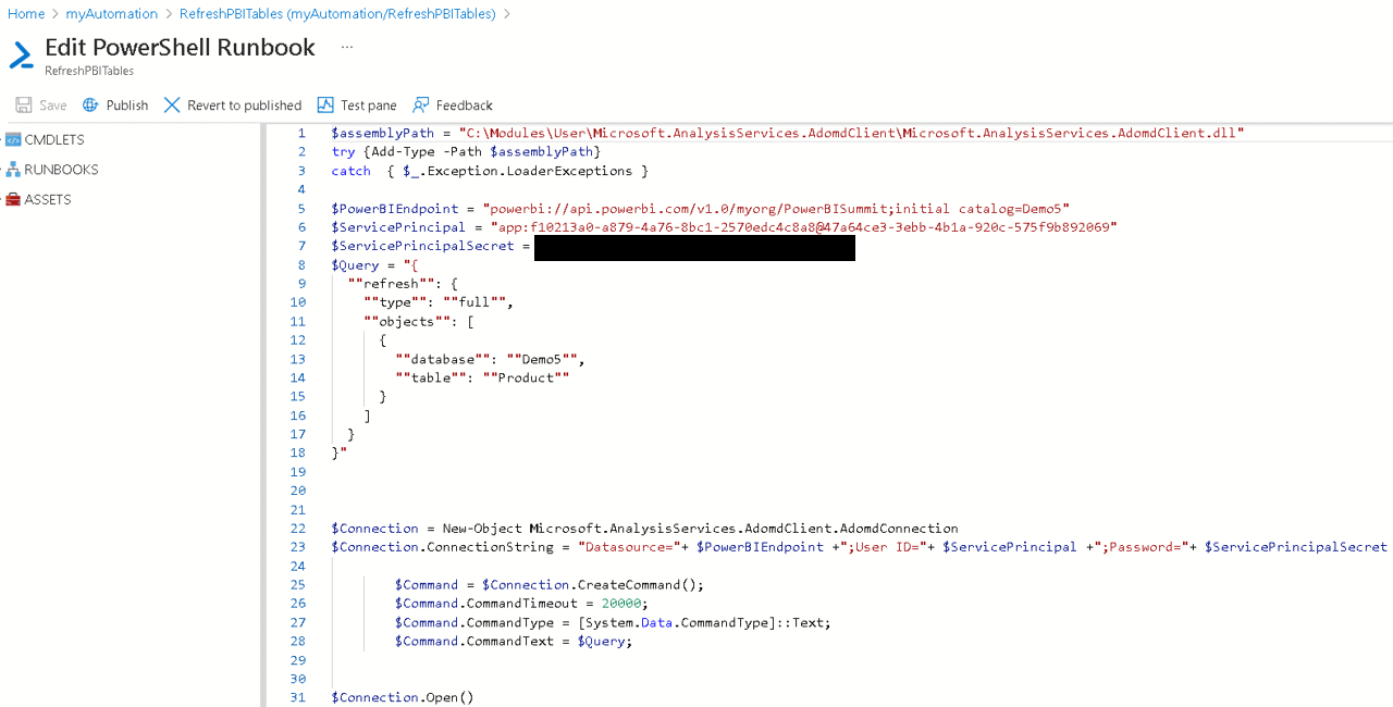 An image showing how to edit the PowerShell Runbook code