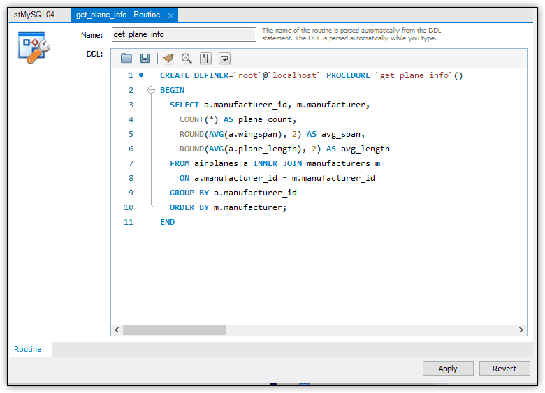 Image showing get_plane_info in the stored procedure dialog. The code is the same as before without the DELIMITER lines and has added DEFINER='root'@'locatlhost' between CREATE and PROCEDURE 
