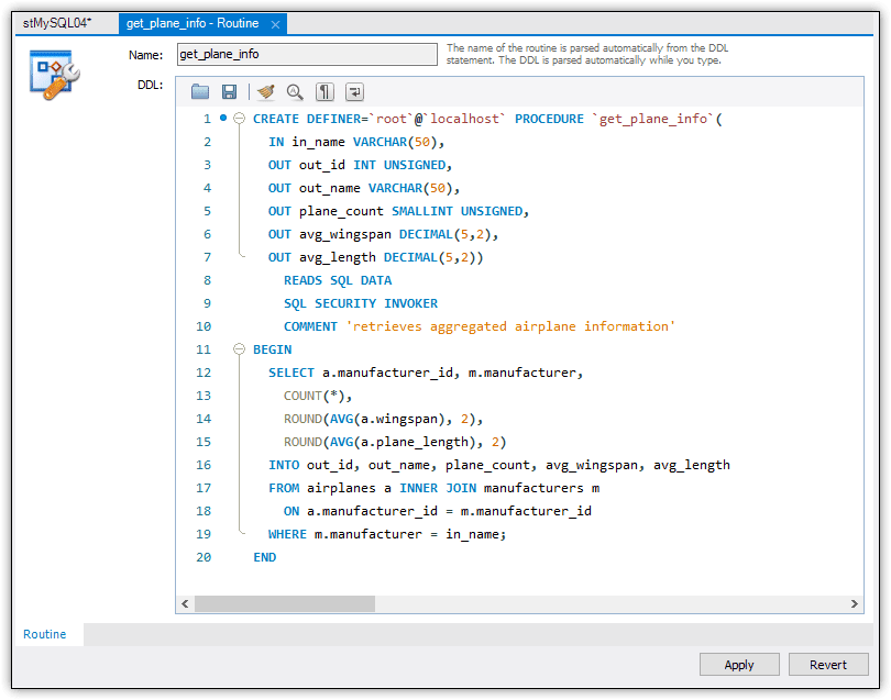 Image showing the stored procedure in the edit dialog. The three characteristics can be seen: READS SQL DATA, SQL SECURITY INVOKER, COMMENT 'retrieves aggregated airplane information'