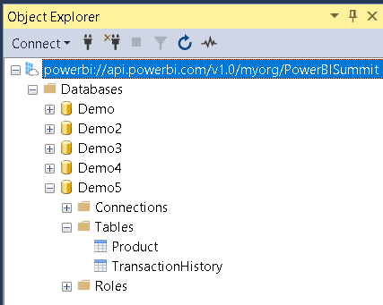 An image showing the Object Explorer and connected to Power BI. The Demo 5 database is selected and shows two tables