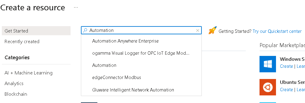An image showing Azure Portal and searching for Automation