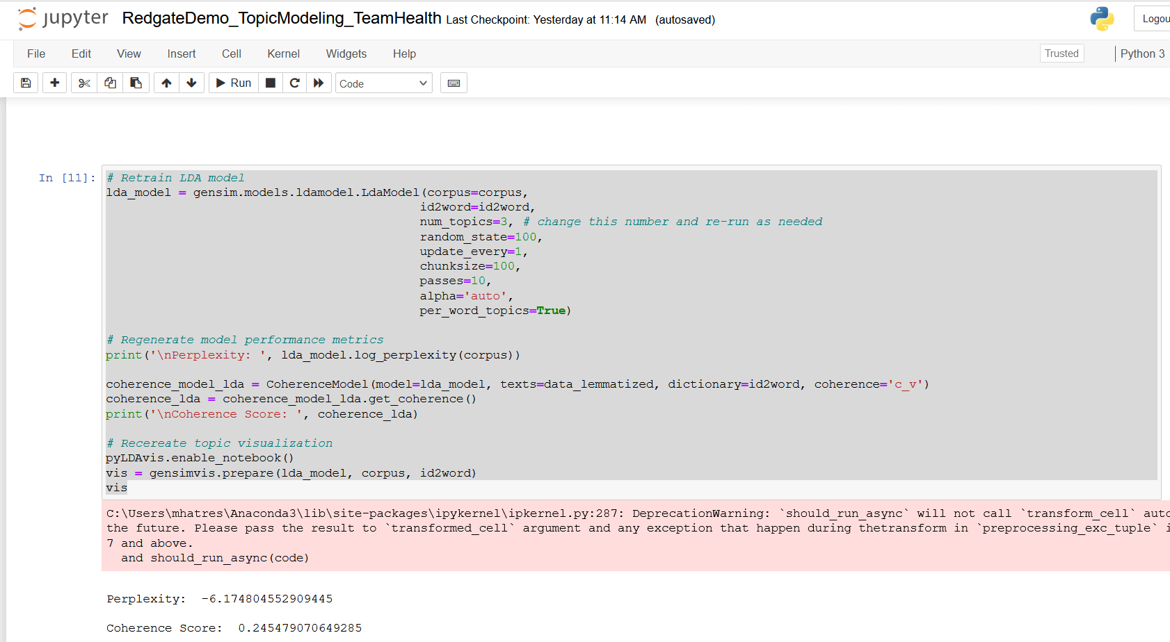 An image showing that the num_topics value can be change, in this case, to 3