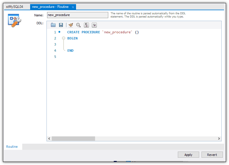 The Create Procedure dialog. It has the stub of the proc, CREATE PROCEDURE 'new_procedure'() BEGIN END