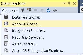 An image showing the Object Explorer of SSMS. Analysis Services is selected under Connect