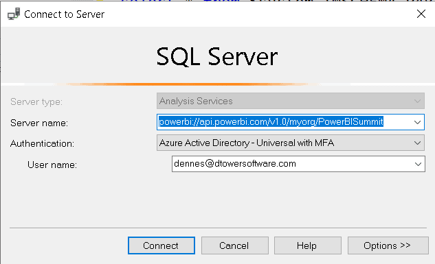 An image showing SSMS connecting to the Power BI workspace