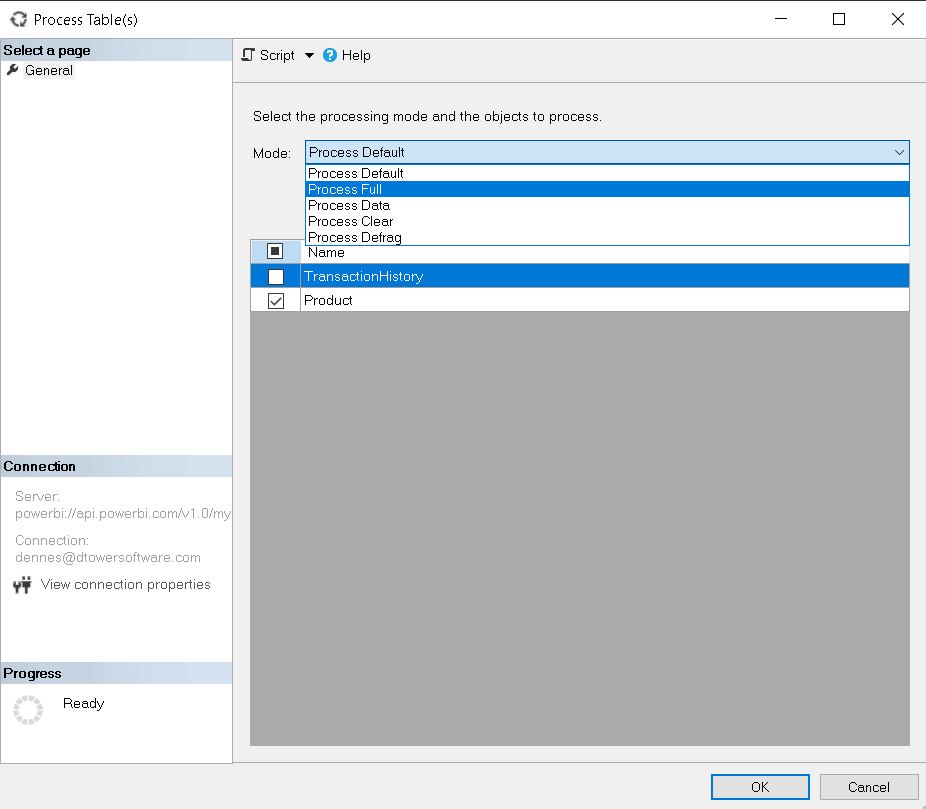 An image showing the Process Table(s) dialog. Process Full is selected. The Product table is checked.