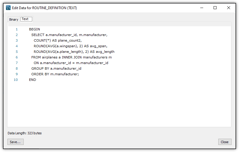 Image showing the Edit Data for ROUTINE_DEFINITION (TEXT) dialog. The definition of the stored procedure is shown