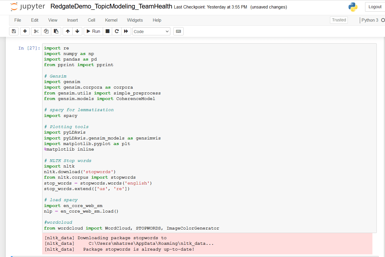 An image showing a Jupyter notebook and all the import statements needed