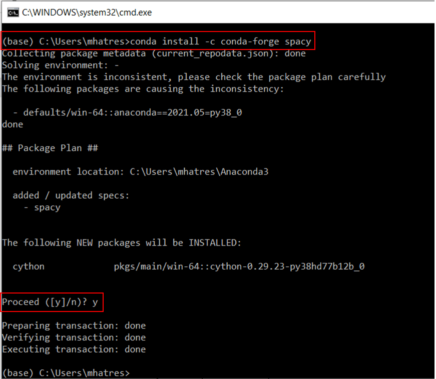 An image showing the command line installing conda-forge spacy