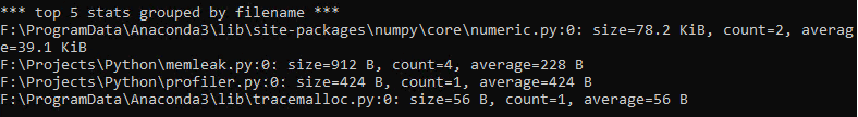 An image showing the top 5 stats grouped by file name. numpy\core\numeric.py size-78.2 is the top