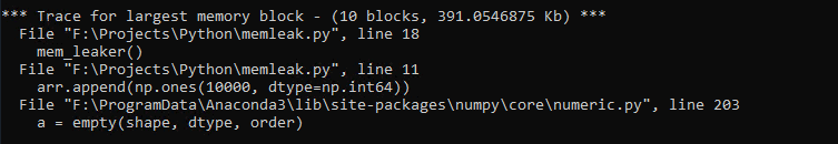 Image showing Trace for largest memory block - (10 blocks, 391.0546875 kb) then shows line in the memleak.py file 18, 11, 203