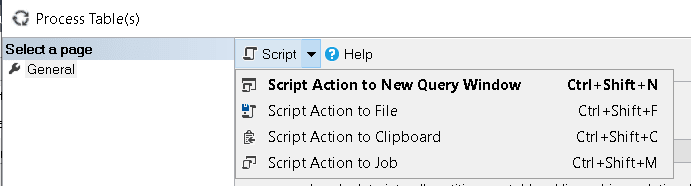 An image showing the Process Table(s) dialog. The Script menu shows Script Action to New Query Window