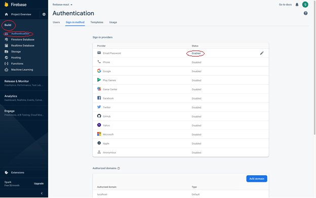 An image showing the Authentication configuration. Enable Email/Password