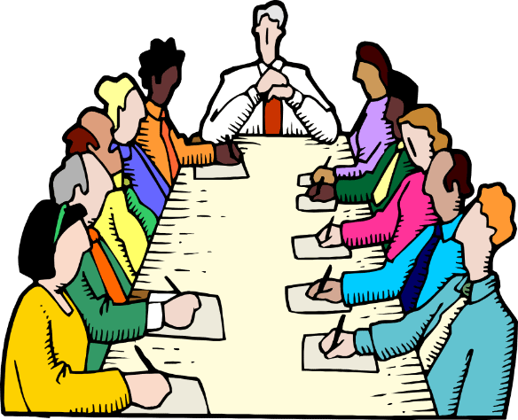 A cartoon image showing several people seated at a conference table. The manager is seated at the head of the table