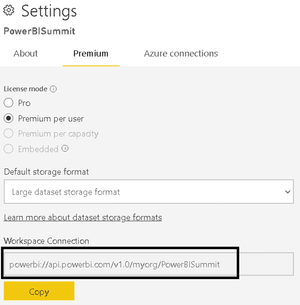 Image showing the workspace settings. The Workspace Connection is highlighted