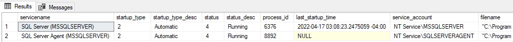 An images showing the results of the query. Two rows, one for SQL Server (MSSQLSERVER) and one for SQL Server Agent (MSSQLSERVER). Shows status of running, startup_type 2, startup_type_Desc automatic, process_id 5375, 8892, last_startup_time (for SQL Server) 2202-04-17, service account, file name 