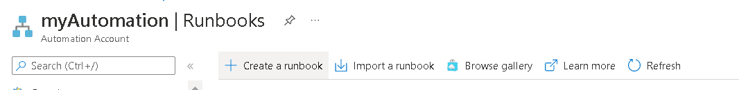 An image showing the Runbooks blade of the automation account. Create a runbook