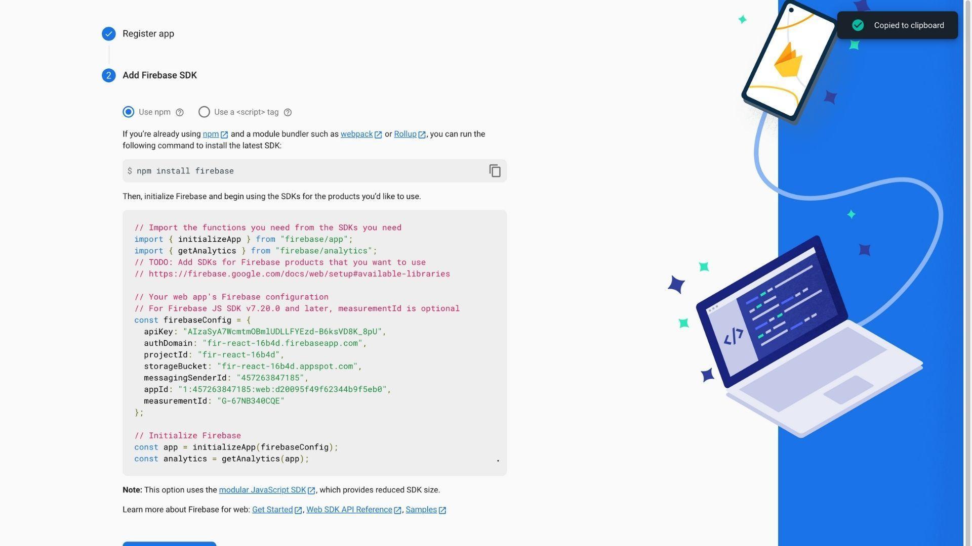 An image showing the Add Firebase SDK step. Shows install of firebase and sample code