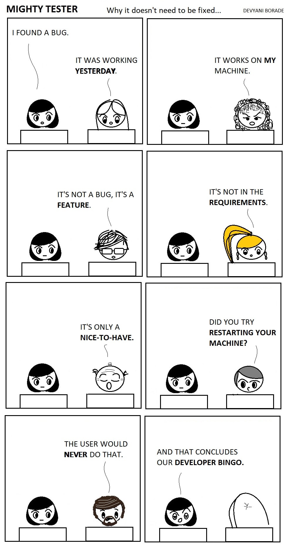 Image showing comic strip. In each frame, the tester is speaking with another developer. She says "I found a bug." Dev1: "It was working yesterday." Dev2: "It works on my machine" Dev3: "It's not a bug, it's a feature" Dev4: "It's not in the requirements." Dev5: "It's only a nice-to-have" Dev6: "Did you try restarting your machine?" Dev7: "The user would never do that" Finally in the last frame, the tester says to herself: "And that concludes our developer bingo"