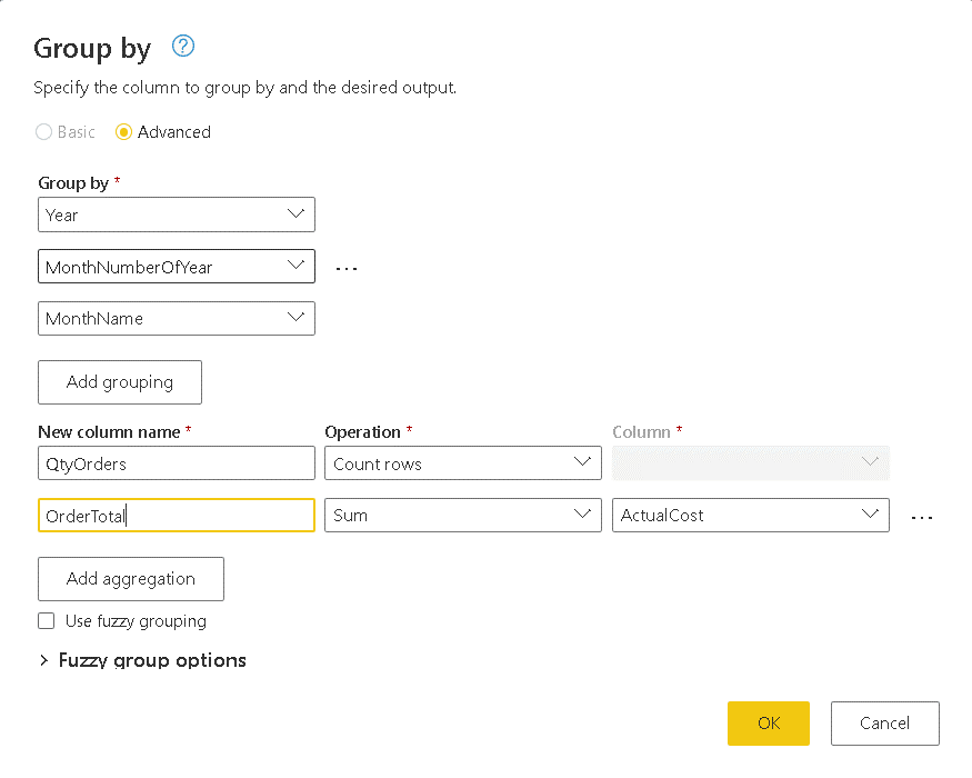 An image showing the Group by dialog