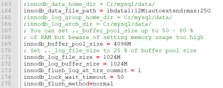 Image showing the innodb section of the my.cnf file. Important settings are innodb_data_file_path, innodb_buffer_pool_size, innodb_log_file_size, innodb_log_buffer_size, innodb_flush_log_at_trx_commit, innodb_lock_wait_timeout, innodb_flush_method