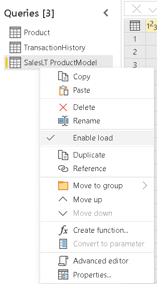 An image showing SalesLT ProductModel and right-click menu with Enable load selected