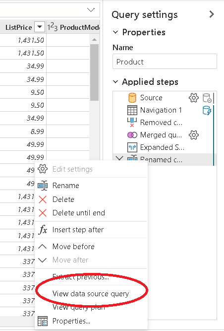 Image showing query settings and how to View data source query