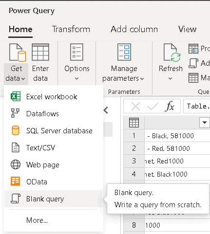 An image showing the Power Query menus and Get Data Blank Query