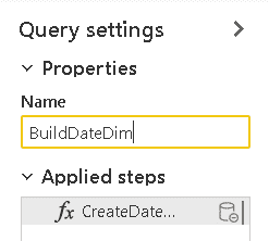 Query settings menu Properties Name BuildDataDim