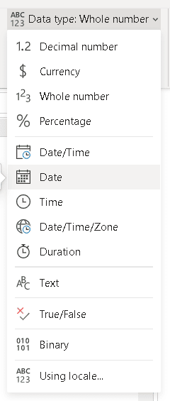 Image showing list of data types. Date is selected