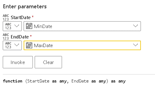 An image showing Enter parameters. StartDate is MinDate. EndDate is MaxDate