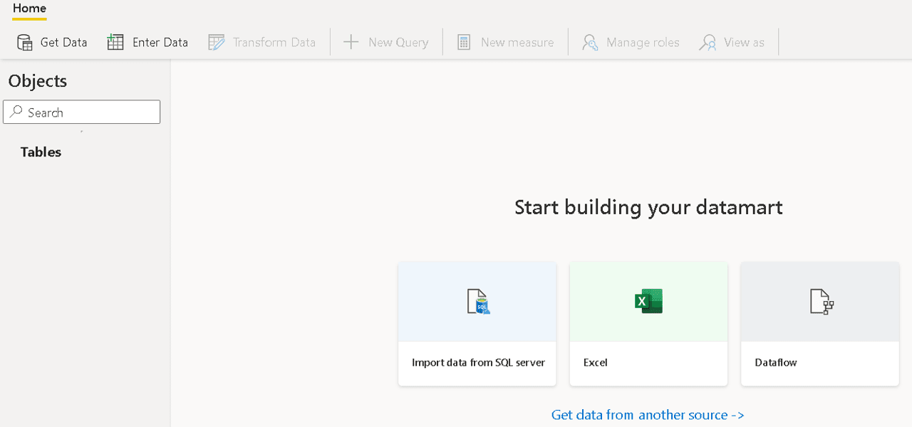 An image showing the Start building your datamat dialog. You can start with SQL Server, Excel, or Datflow