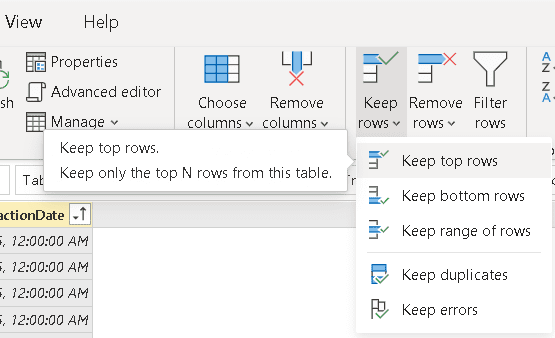 Image showing menu. Keep Rows --> Keep top rows