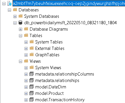 An image showing the list of database objects in Object Explorer and the Views in the dataset