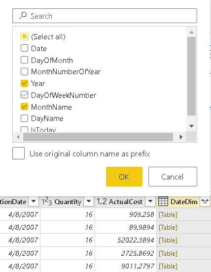 An image showing the fields. Year and MonthName are selected