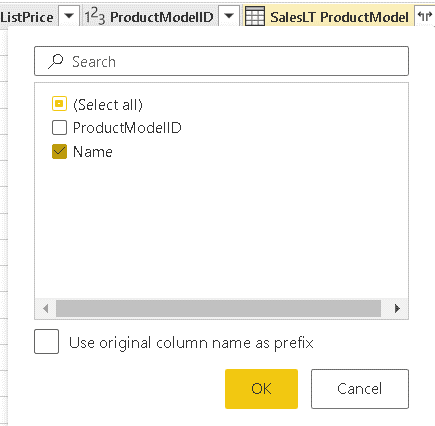 Image showing the columns ListPrice ProductModelId and table SalesLT ProductModel under that Name is selected