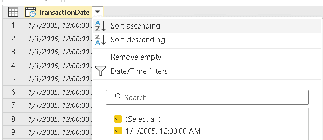 Right-click menu of TransactionDate and Sort Ascending is selected